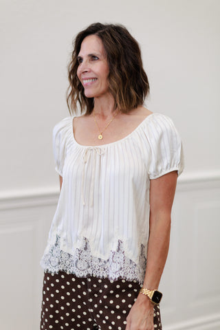 Pinstripe Front Tie Lace Hem Puff Sleeve Top