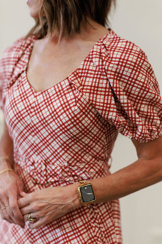 Short Sleeve V-Neck Midi Dress with Square Buckle Belt – by Zoe & Claire
