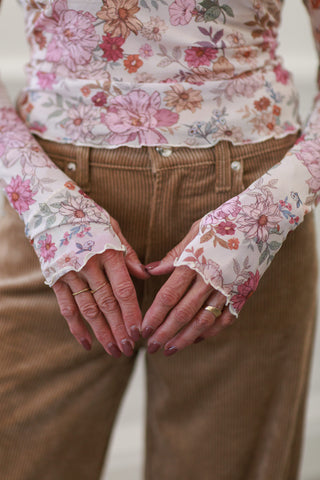 Floral Print Knit Long Sleeve Top in Clay Rose
