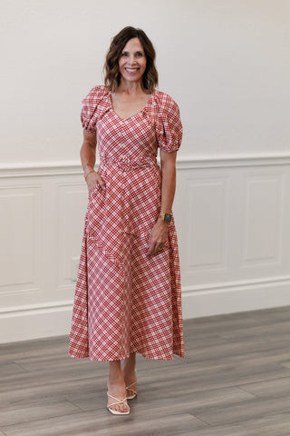 Short Sleeve V-Neck Midi Dress with Square Buckle Belt – by Zoe & Claire