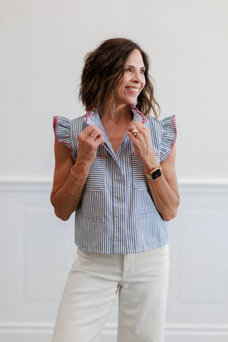 Blue Stripe Ruffle Trim Button Front Blouse