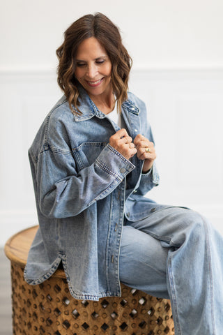 Washed Denim Relaxed Fit Shirt Top with Pocket
