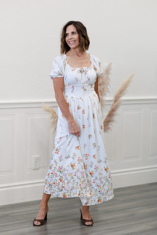Ivory Floral Puff Sleeve Smocked Midi Dress