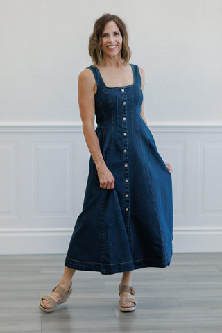 Dark Wash Denim Square Neck Button Front Midi Dress