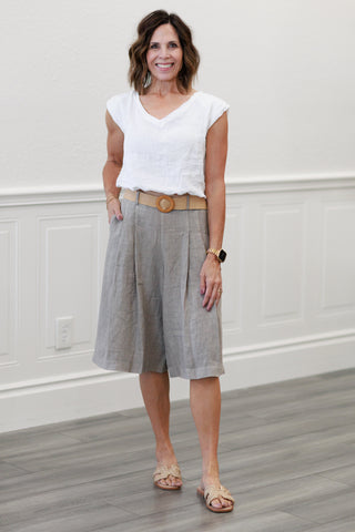 100% Linen Wide Leg Bermuda Shorts in Taupe