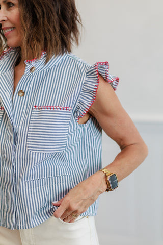 Blue Stripe Ruffle Trim Button Front Blouse