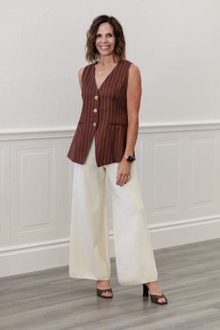 Brown & Ivory Pinstripe Button-Down Vest | Women's Sleeveless Top