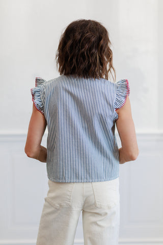 Blue Stripe Ruffle Trim Button Front Blouse