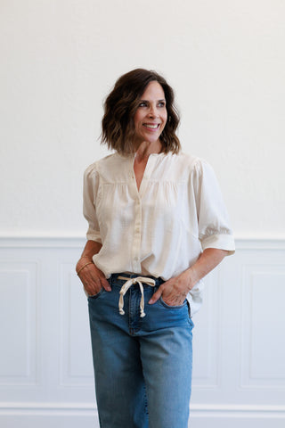 Button Down Short Sleeve Blouse in Ivory