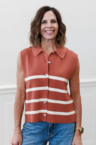 Desert Sun Stripe Button-Down Sweater Vest in Terracotta