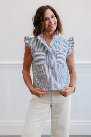 Blue Stripe Ruffle Trim Button Front Blouse