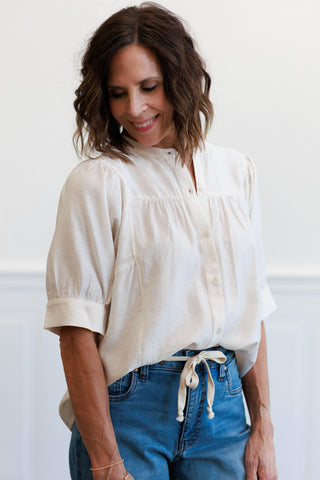 Button Down Short Sleeve Blouse in Ivory