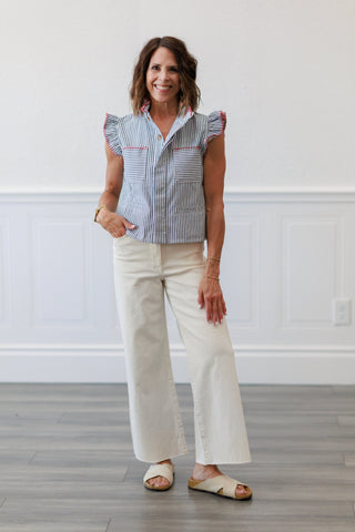 Blue Stripe Ruffle Trim Button Front Blouse