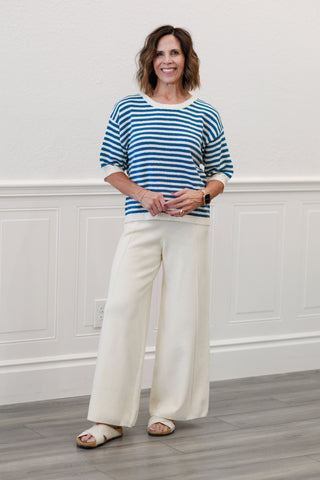 Stripe Short Sleeve Knit Top with Back Button Detail in Blue