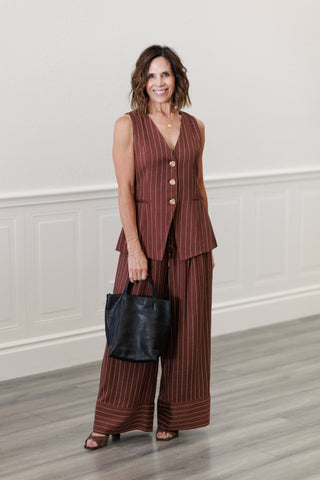 Brown & Ivory Pinstripe Button-Down Vest | Women's Sleeveless Top