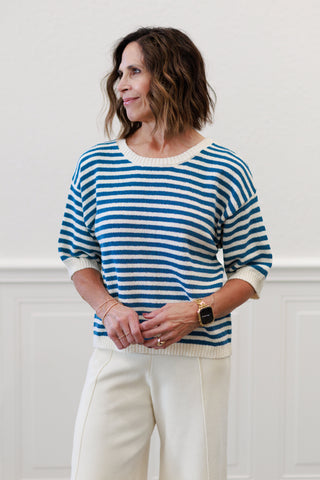 Stripe Short Sleeve Knit Top with Back Button Detail in Blue