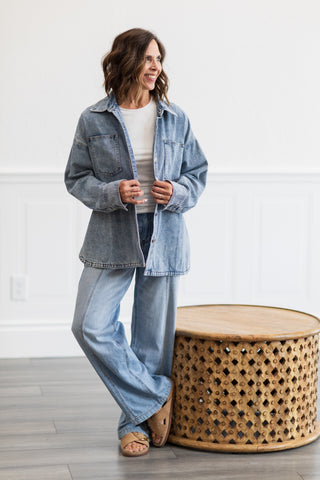 Washed Denim Relaxed Fit Shirt Top with Pocket