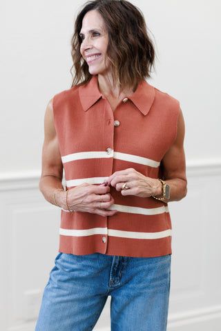 Desert Sun Stripe Button-Down Sweater Vest in Terracotta