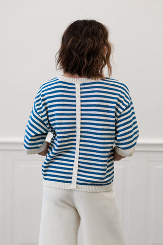 Stripe Short Sleeve Knit Top with Back Button Detail in Blue