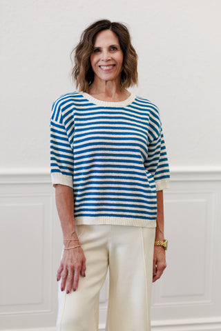 Stripe Short Sleeve Knit Top with Back Button Detail in Blue