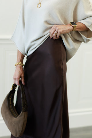 Satin Lace Hem Back Slit Pencil Midi Skirt in Brown