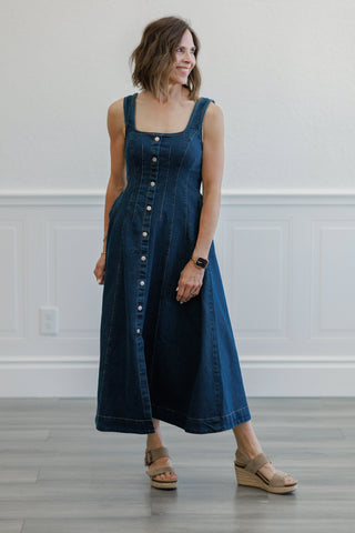 Dark Wash Denim Square Neck Button Front Midi Dress