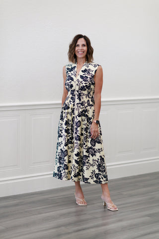 Floral Print Smocked Waist Midi Dress in Navy