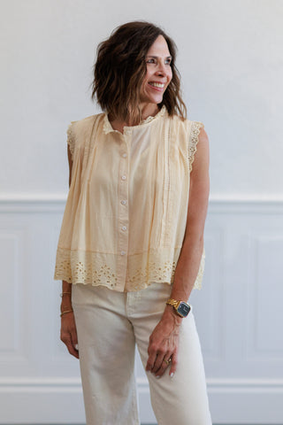 Eyelet Trim Button Front Sleeveless Blouse