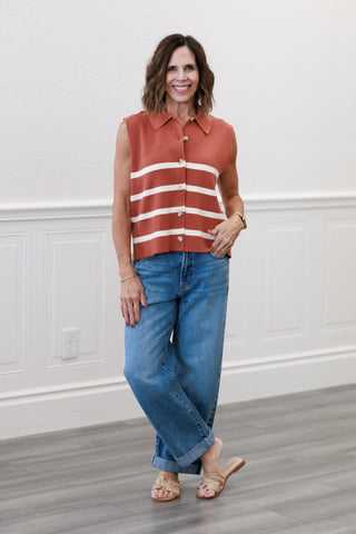 Desert Sun Stripe Button-Down Sweater Vest in Terracotta