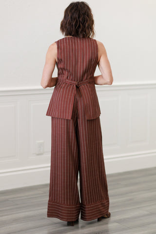 Brown & Ivory Pinstripe Button-Down Vest | Women's Sleeveless Top