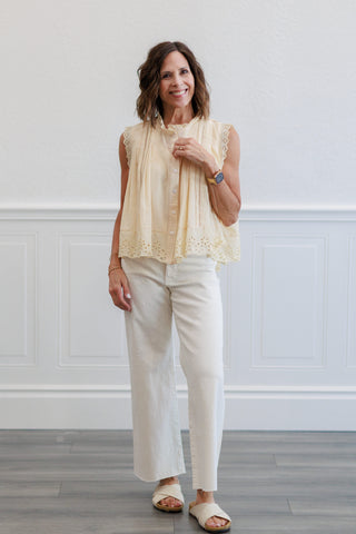 Eyelet Trim Button Front Sleeveless Blouse