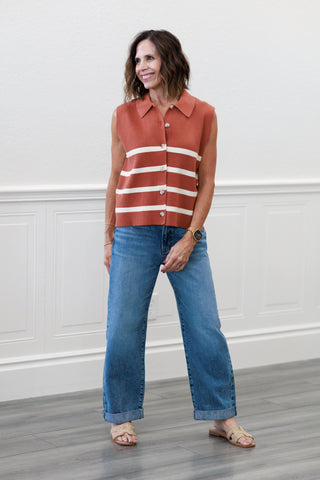 Desert Sun Stripe Button-Down Sweater Vest in Terracotta