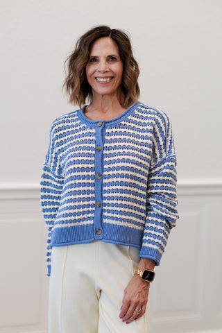 Textured Stripe Crochet Knit Button Down Cardigan in Dusty Blue