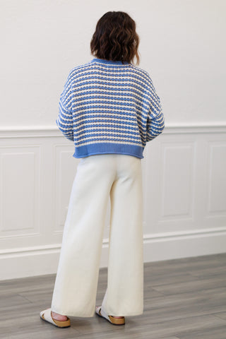 Textured Stripe Crochet Knit Button Down Cardigan in Dusty Blue