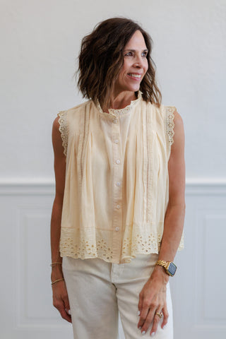 Eyelet Trim Button Front Sleeveless Blouse