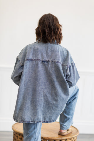 Washed Denim Relaxed Fit Shirt Top with Pocket