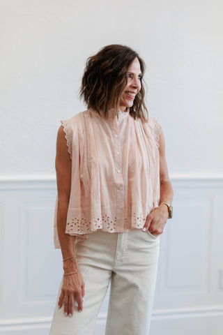 Eyelet Trim Button Front Sleeveless Blouse