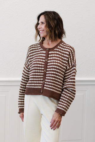 Textured Stripe Crochet Knit Button Down Cardigan in Chocolate