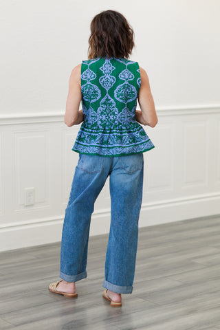 Paisley Eyelet Peplum Top in Multicolor Green
