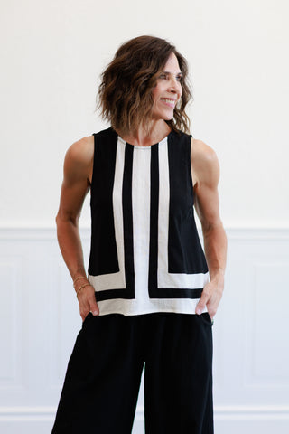 Contrast Trim Detailed Tank & Wide Pants Set in Black & White