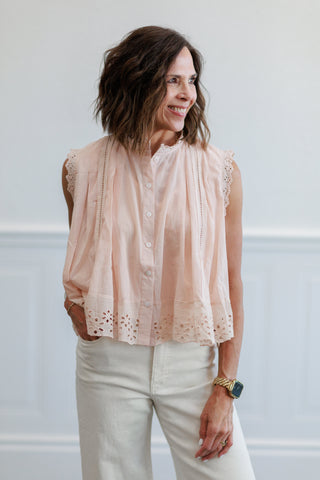 Eyelet Trim Button Front Sleeveless Blouse