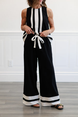 Contrast Trim Detailed Tank & Wide Pants Set in Black & White