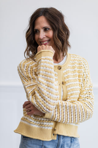 Textured Stripe Crochet Knit Button Down Cardigan