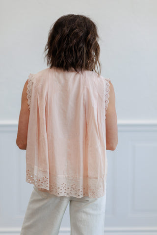 Eyelet Trim Button Front Sleeveless Blouse