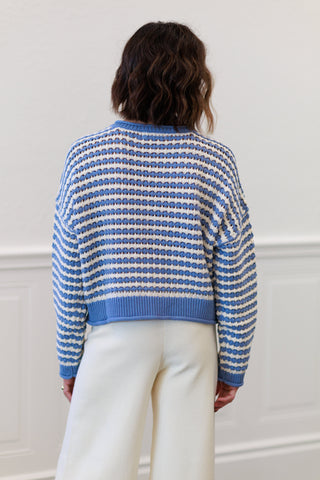 Textured Stripe Crochet Knit Button Down Cardigan in Dusty Blue