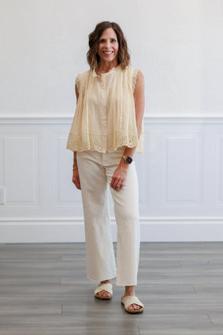 Eyelet Trim Button Front Sleeveless Blouse
