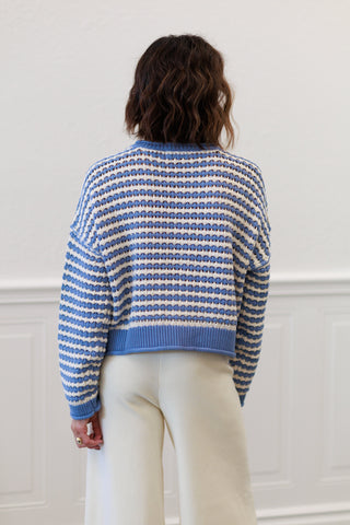 Textured Stripe Crochet Knit Button Down Cardigan in Dusty Blue