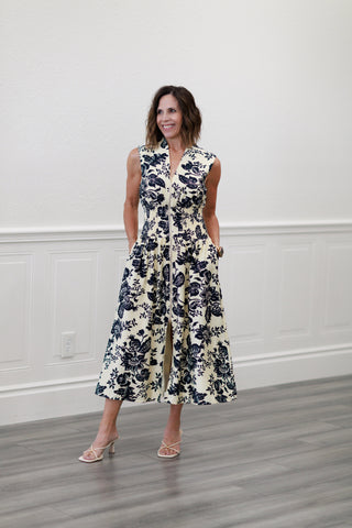 Floral Print Smocked Waist Midi Dress in Navy
