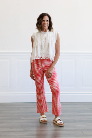 High Rise Tonal Crop Flare Jeans in Red Gingham