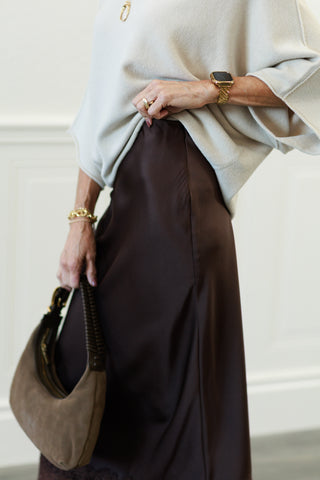 Satin Lace Hem Back Slit Pencil Midi Skirt in Brown